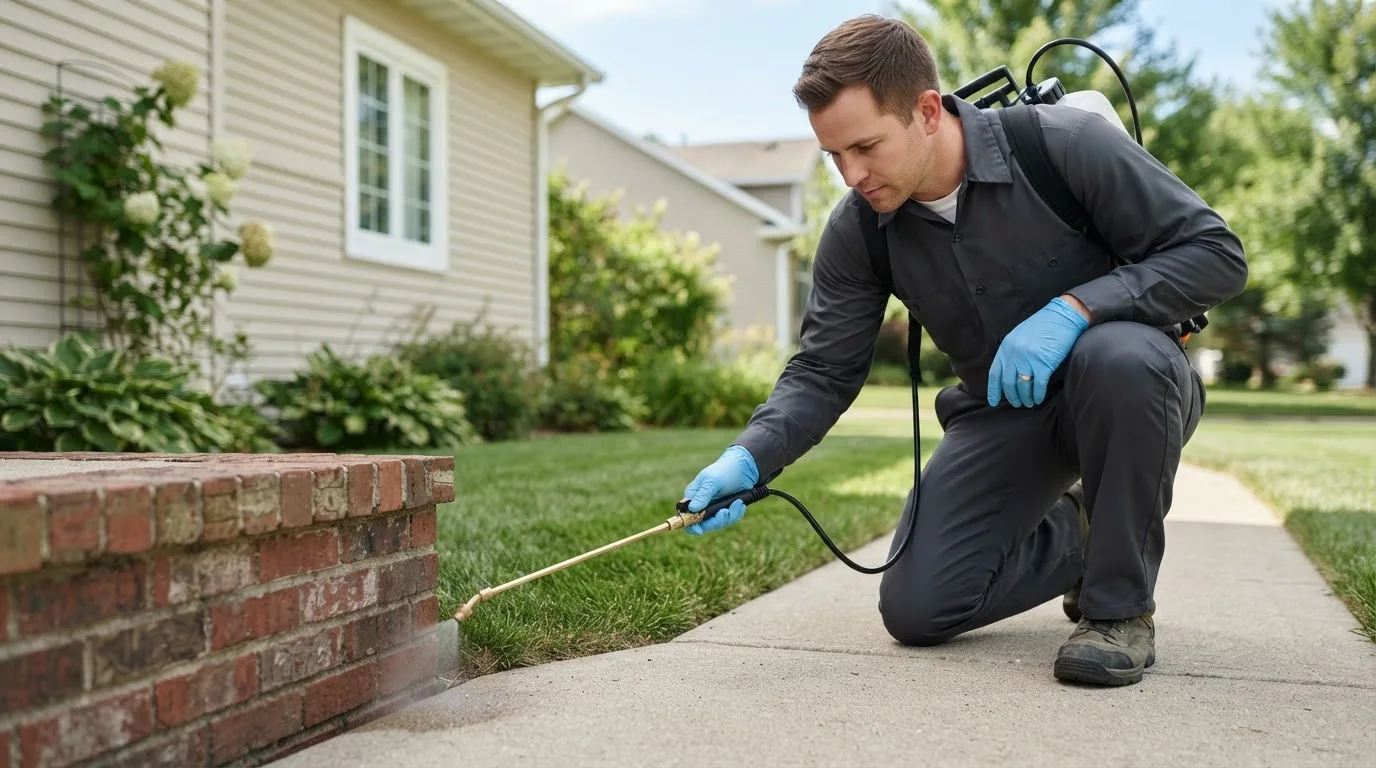 Pest control technician treating a home near Fleming, OH