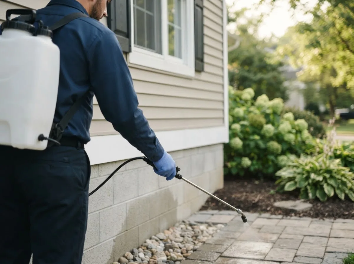 Pest control technician inspecting a home in Fleming, OH